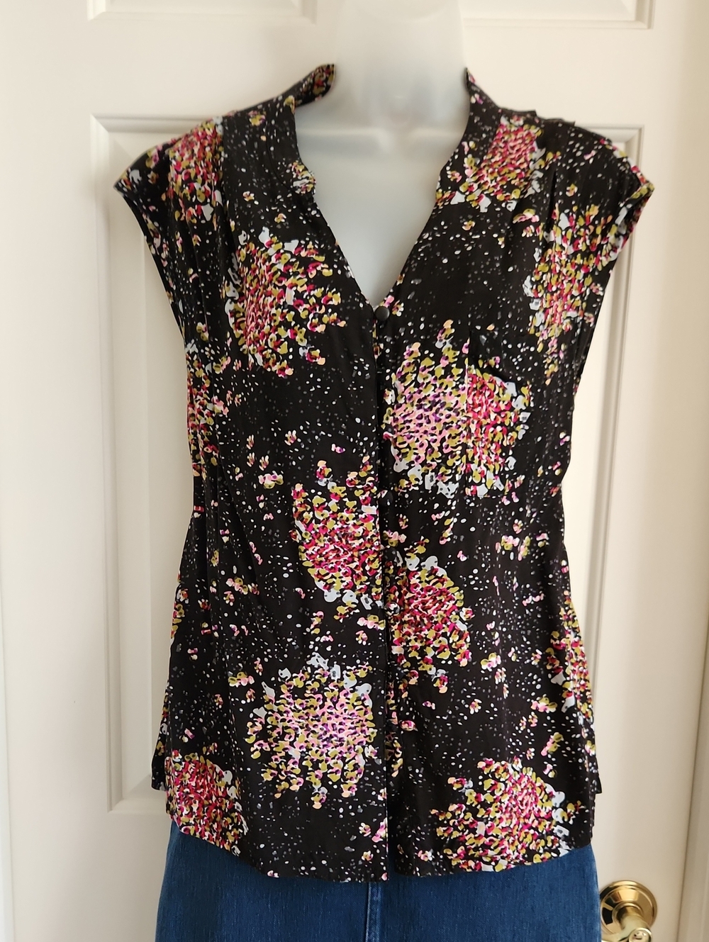 TULLE Blouse with Black Cap-Sleeves In A Floral Print of Pink Green & Blue